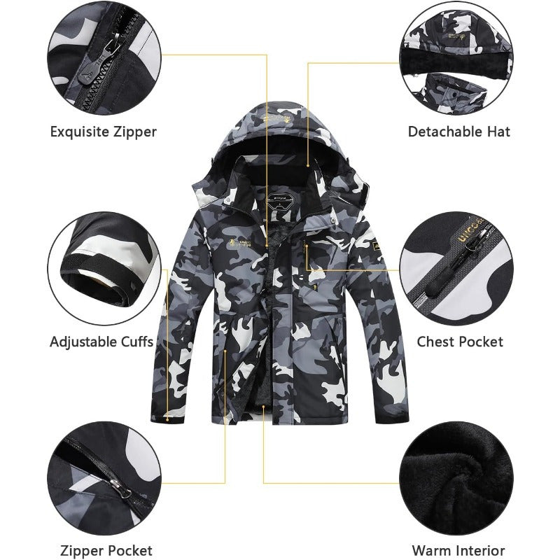 Men's Designer Black Ski Jacket | Fleece with Removable Hood Camo Colors