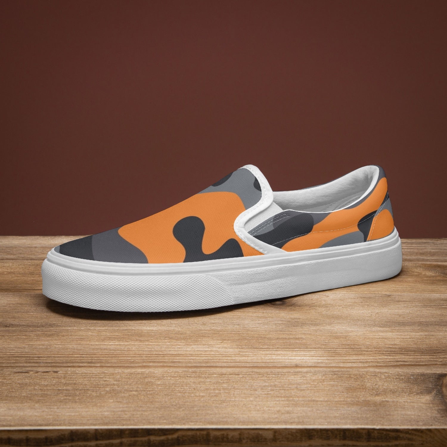 Camo Slip-On Shoes | Orange, Black and Gray Camouflage Camo Colors