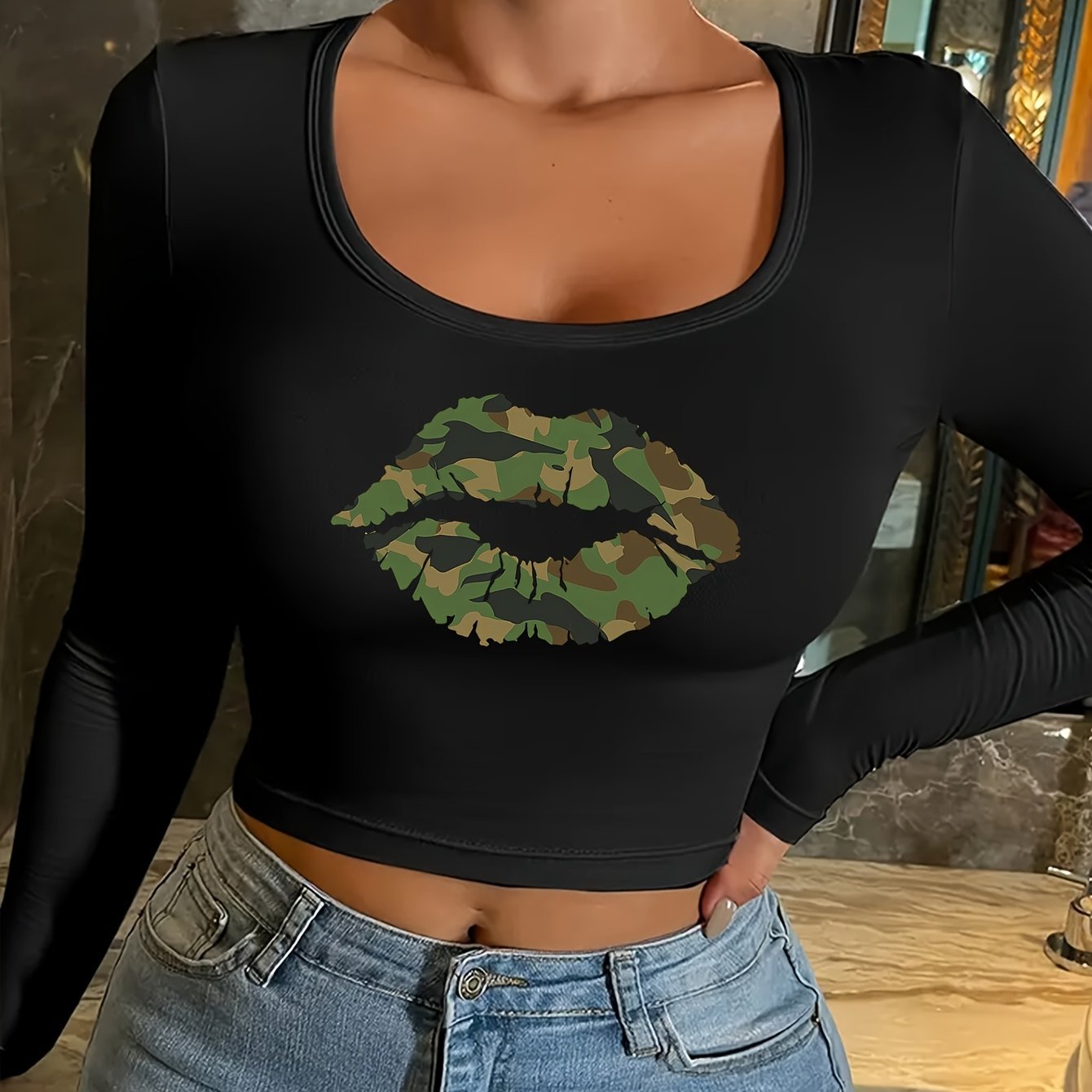 1pc Women's Camouflage Lip Print Crop Top | Round Neck Long Sleeve Short T Camo Colors