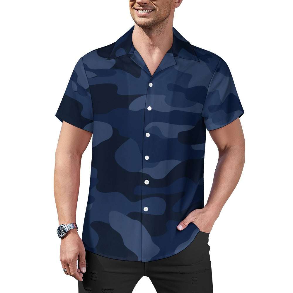 Deep Blue Camo Shirt For Men | Cuban Collar Design | Camo Colors