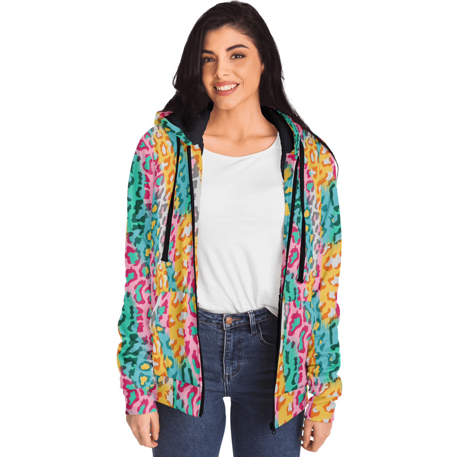 Microfleece Zip Hoodie | Colorful Leopard Pattern Camo Colors