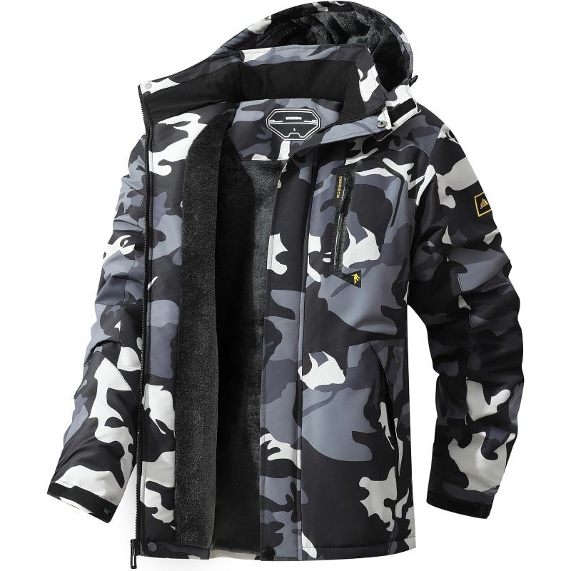 Men's Designer Black Ski Jacket | Fleece with Removable Hood Camo Colors