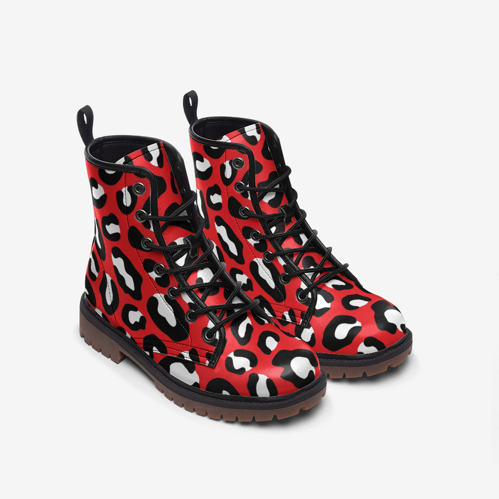 Red Leopard Boots | Leather | Mixed Black and White Camo Colors