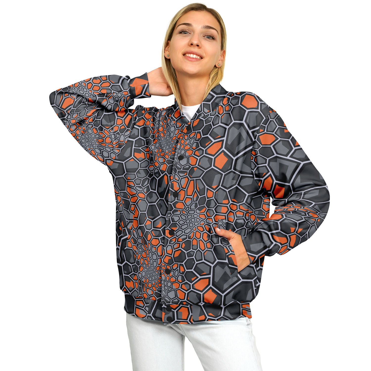 Baseball Jacket | Geometric Camo in Orange, Gray & Black Camo Colors