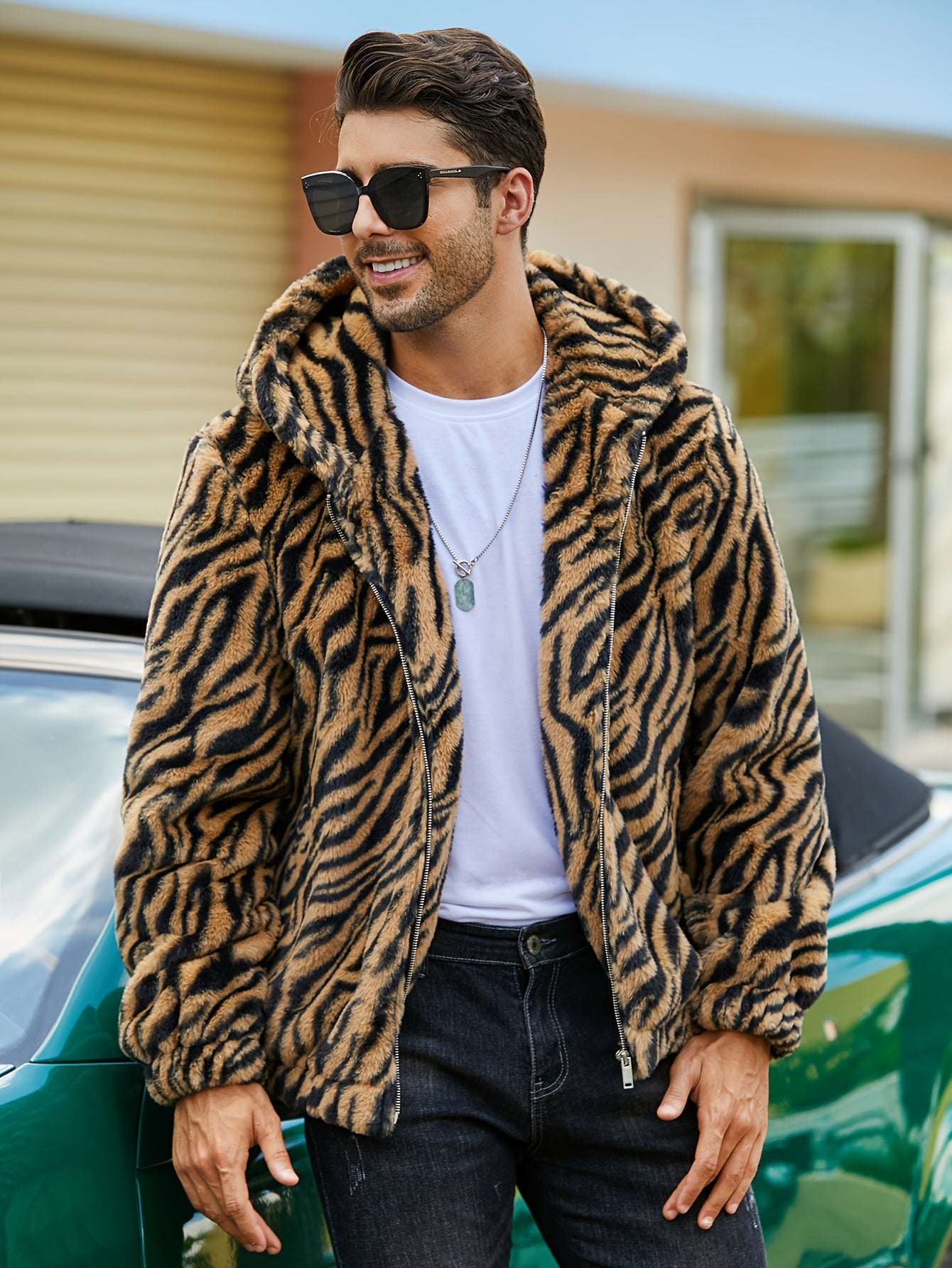 RELISH NOLESS Men's Leopard Print Faux Fur Hooded Jacket | Camo Colors