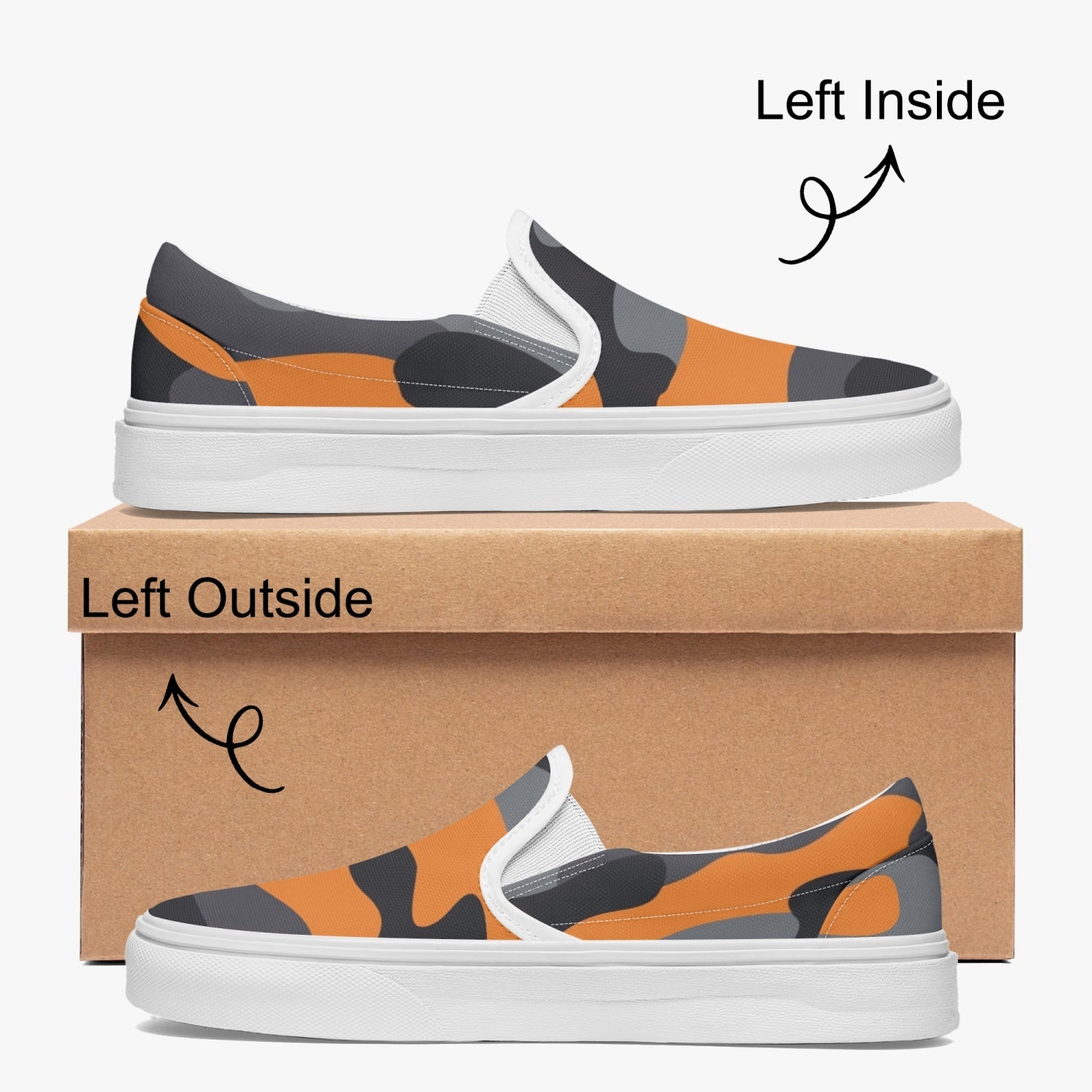 Camo Slip-On Shoes | Orange, Black and Gray Camouflage Camo Colors