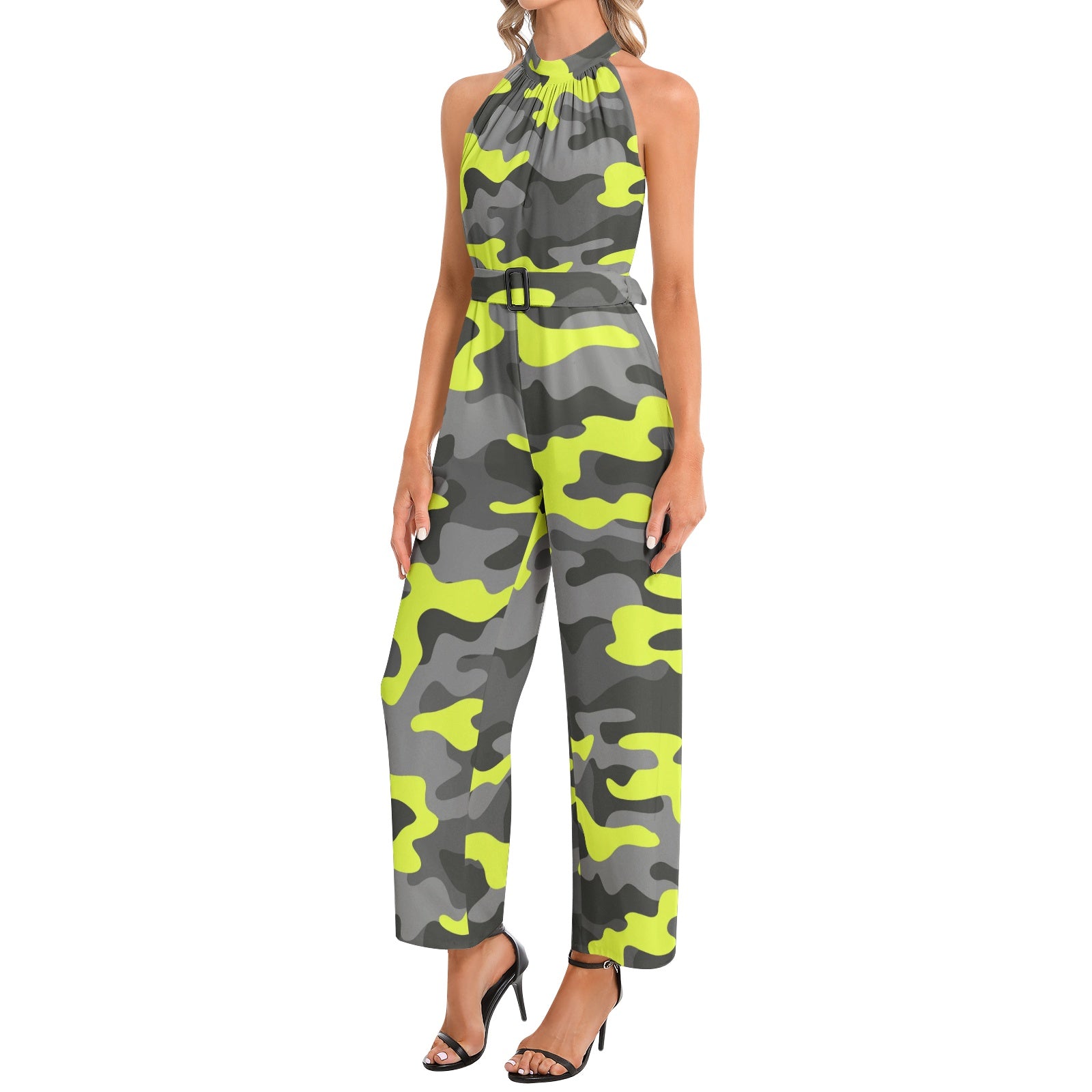 Camo Jumpsuit | Belted Halter Neck | Yellow, Black, and White Camo Colors