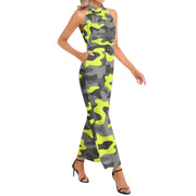 Camo Jumpsuit | Belted Halter Neck | Yellow, Black, and White Camo Colors