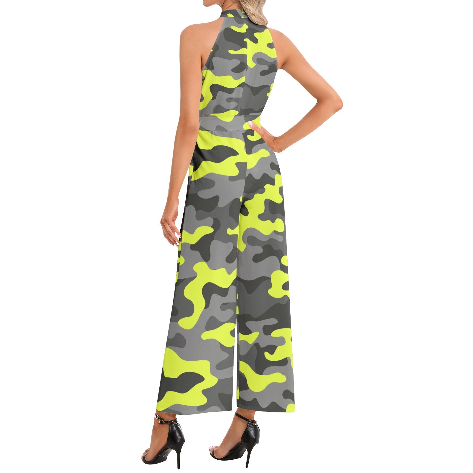 Camo Jumpsuit | Belted Halter Neck | Yellow, Black, and White Camo Colors