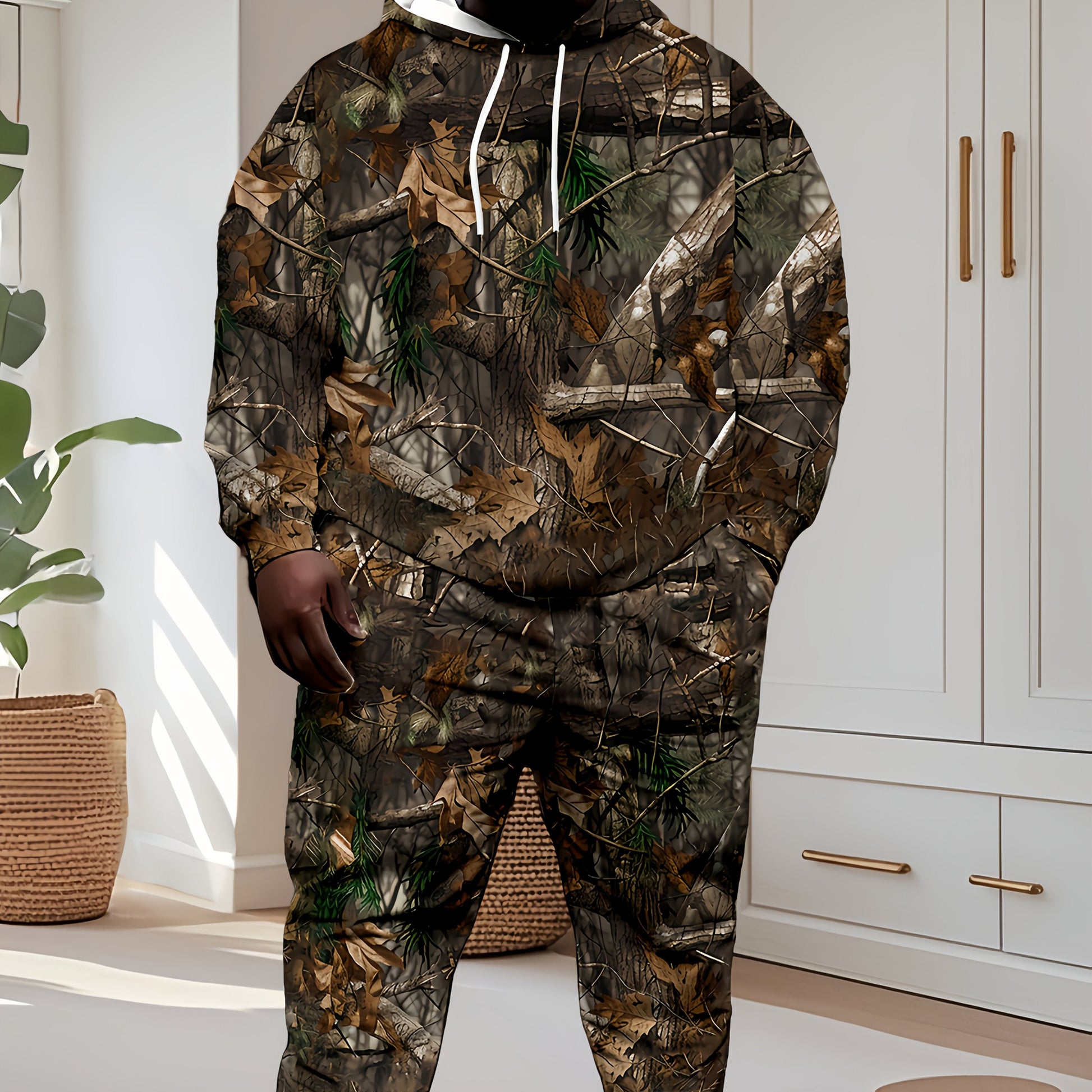 Men's Plus Size Hooded Sweater & Pants Set in Shrub 3D Print | Camo Colors