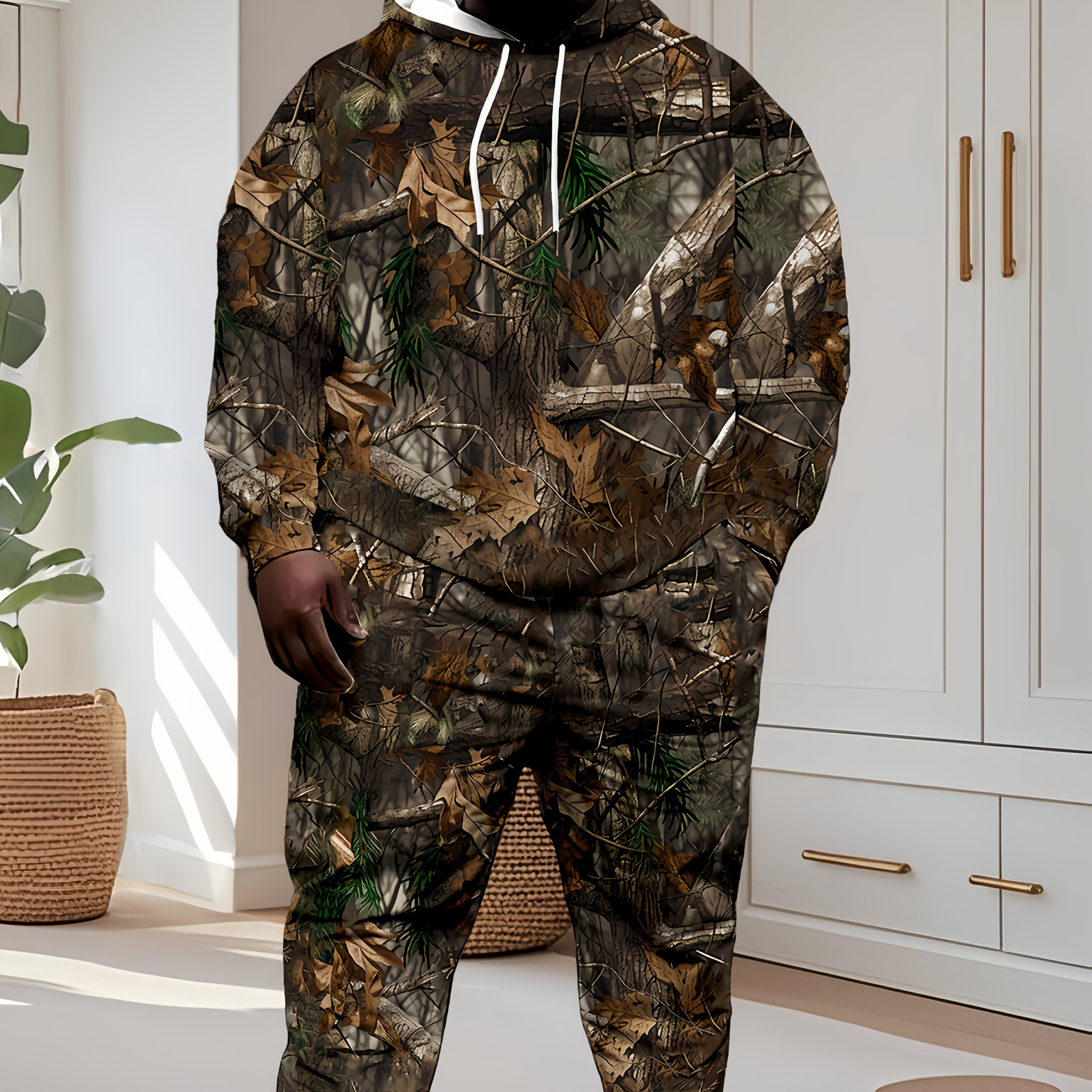 Men's Plus Size Hooded Sweater & Pants Set in Shrub 3D Print | Camo Colors