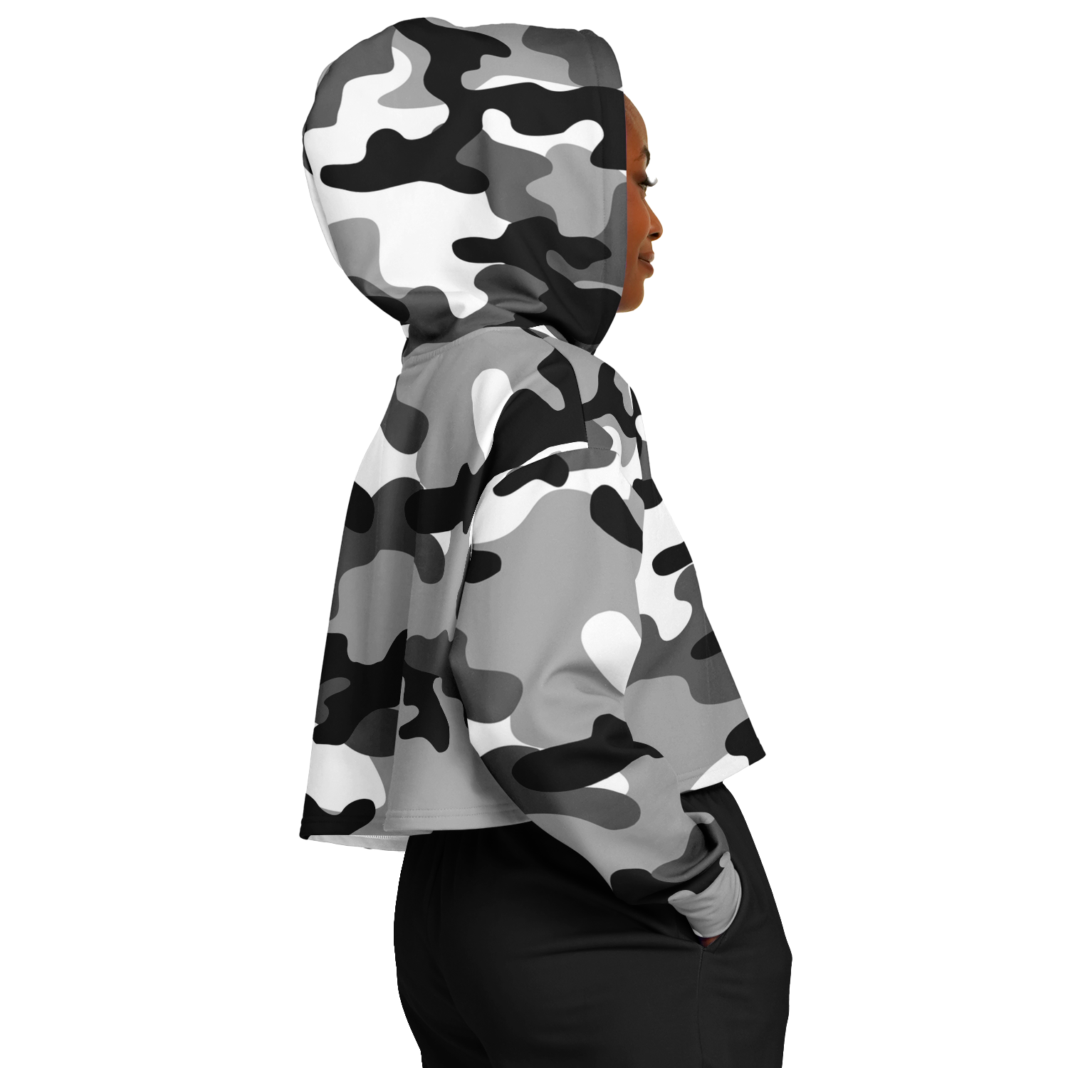 Cropped Hoodie For Women | Black, White & Gray Camouflage Camo Colors