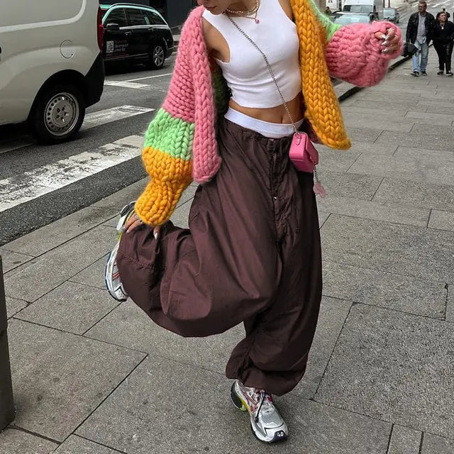 Vintage-inspired Wide Leg Cargo Pants Camo Colors