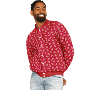Red Bandana Baseball Jacket | Small White Paisley Pattern Camo Colors