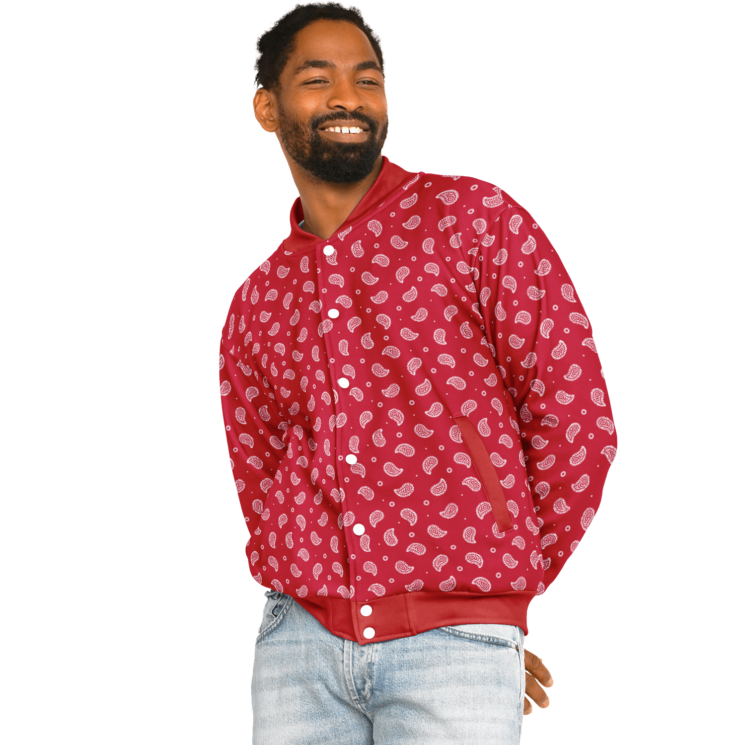 Red Bandana Baseball Jacket | Small White Paisley Pattern Camo Colors