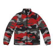 Camo Puffer Jacket For Men | Red, Black and Gray Pixel Camo Colors
