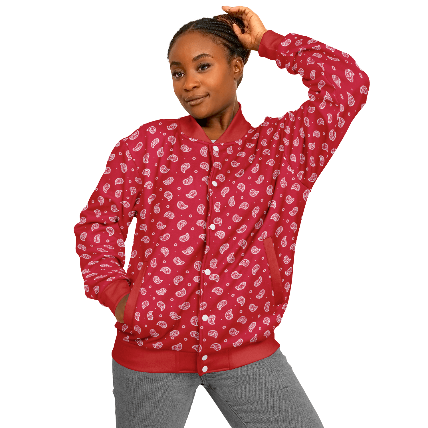 Red Bandana Baseball Jacket | Small White Paisley Pattern Camo Colors