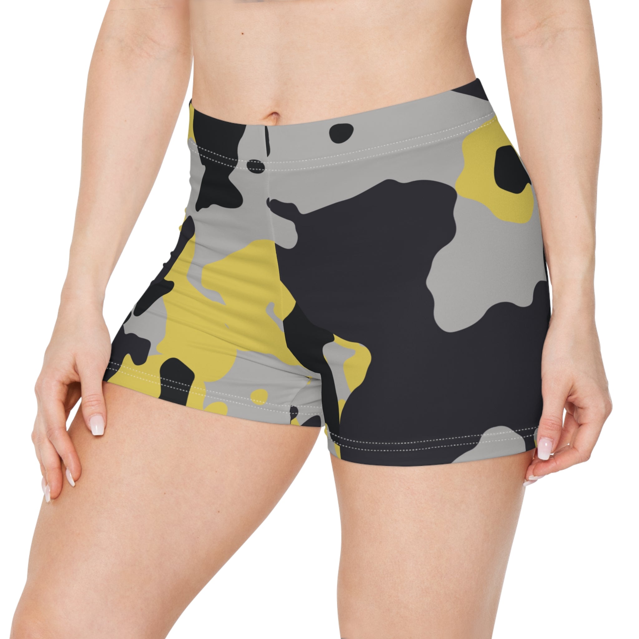 Women's Camo Shorts | Tight Fit | Yellow, Black, and Silver design Camo Colors
