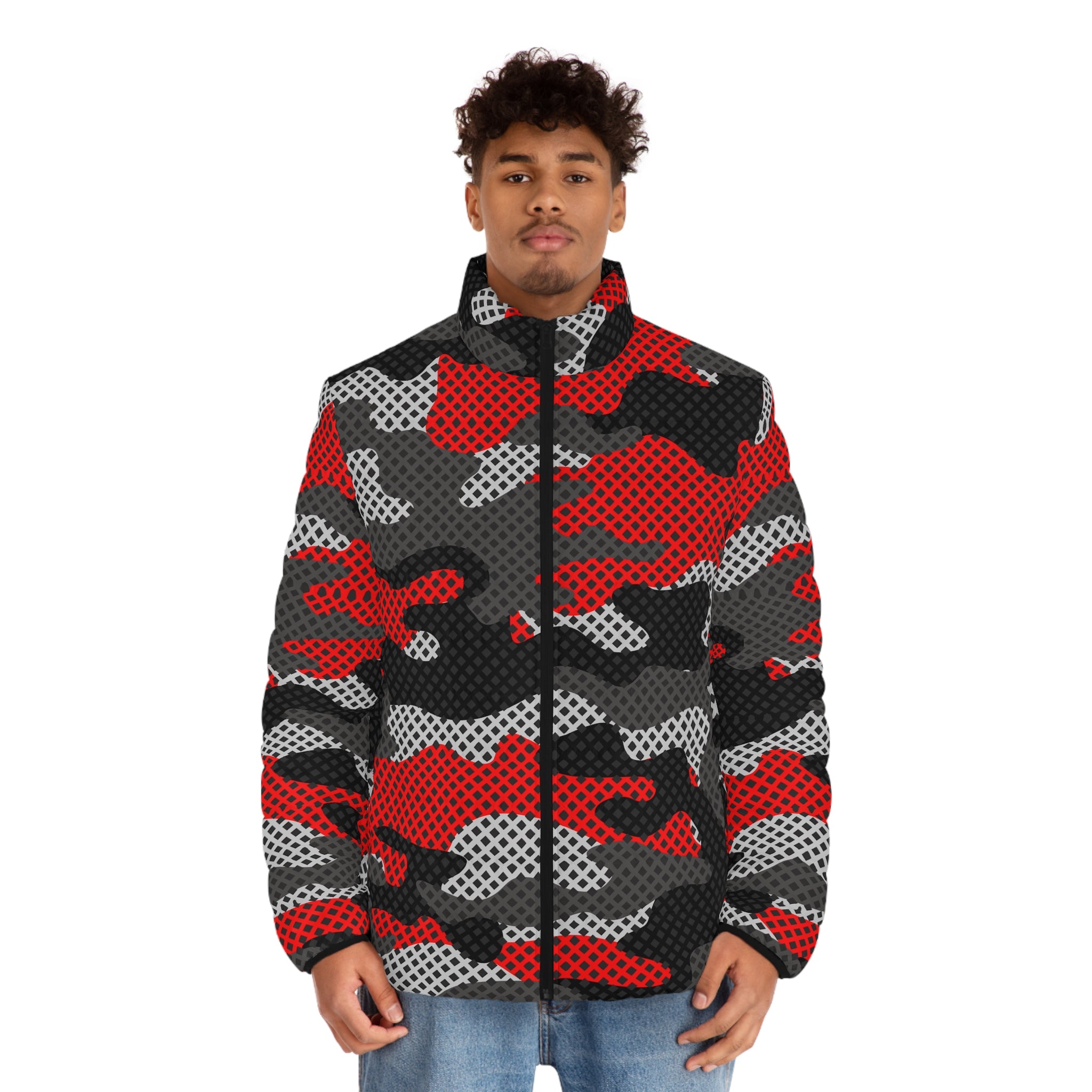 Camo Puffer Jacket For Men | Red, Black and Gray Pixel Camo Colors