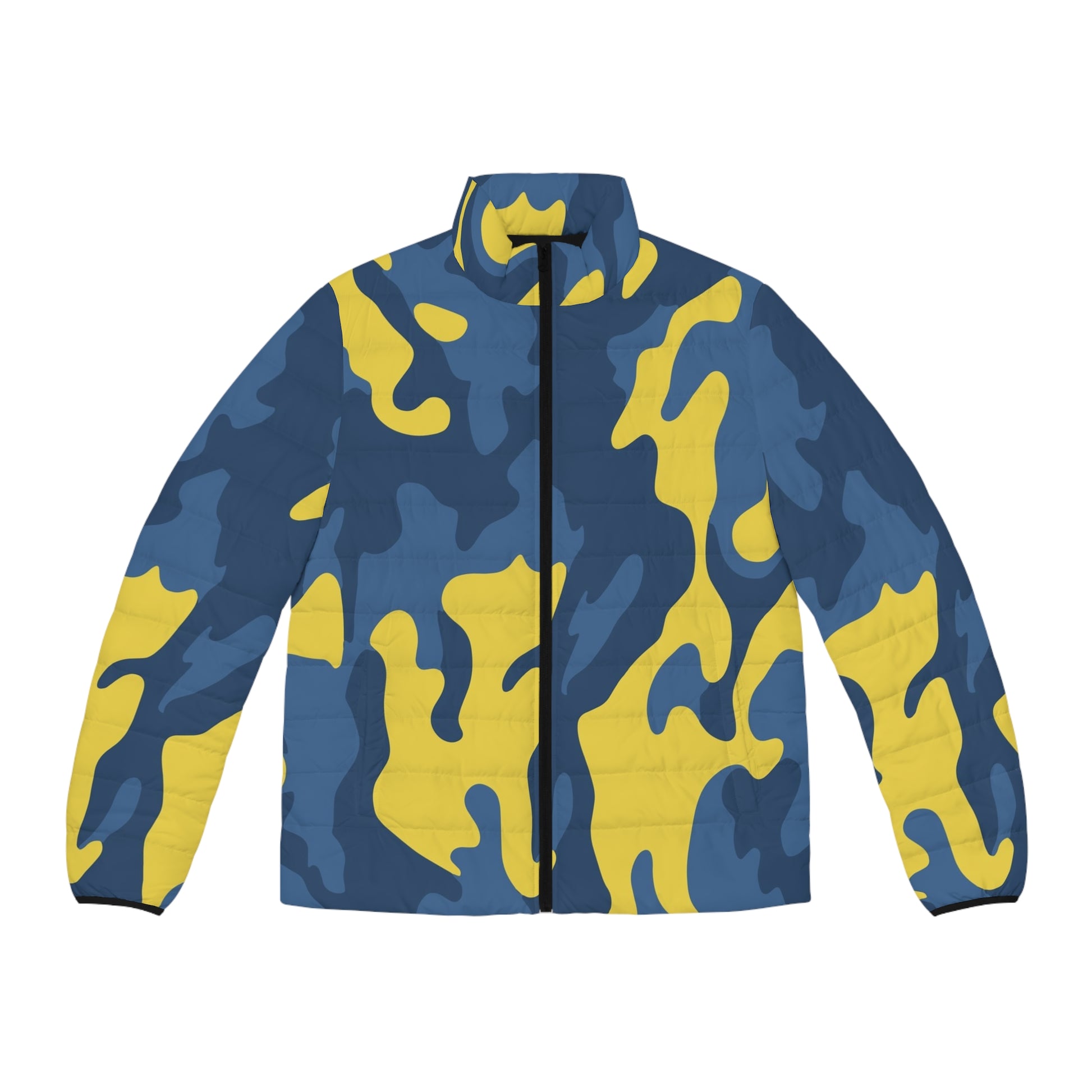 Camo Puffer Jacket For Men | Blue and Yellow Camo Colors
