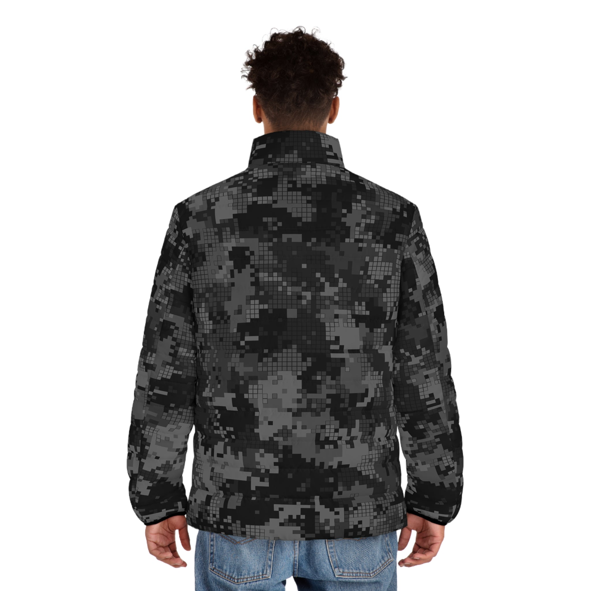 Gray Camo Puffer Jacket For Men | Digital Monochrome Camo Colors