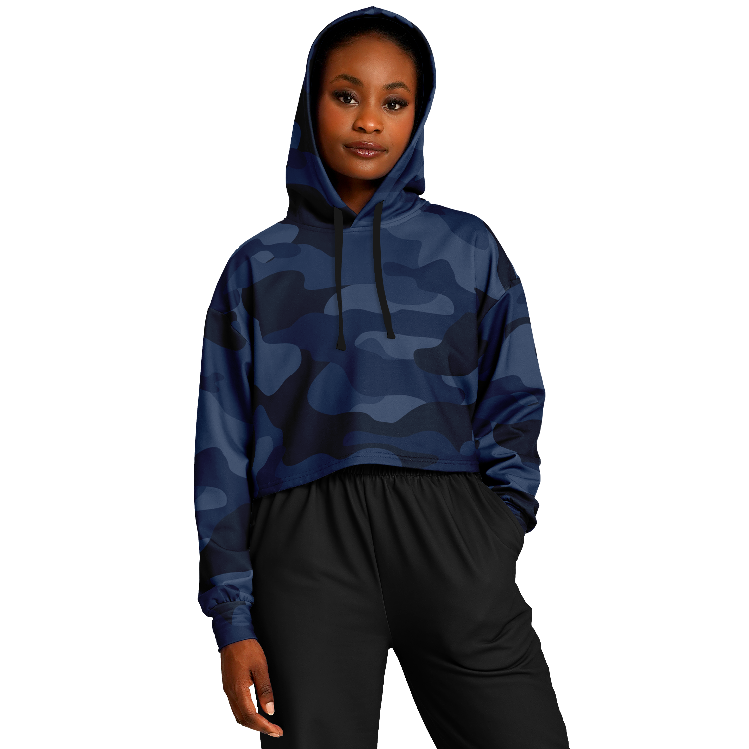 Cropped Hoodie For Women | Deep Blue Camouflage Camo Colors
