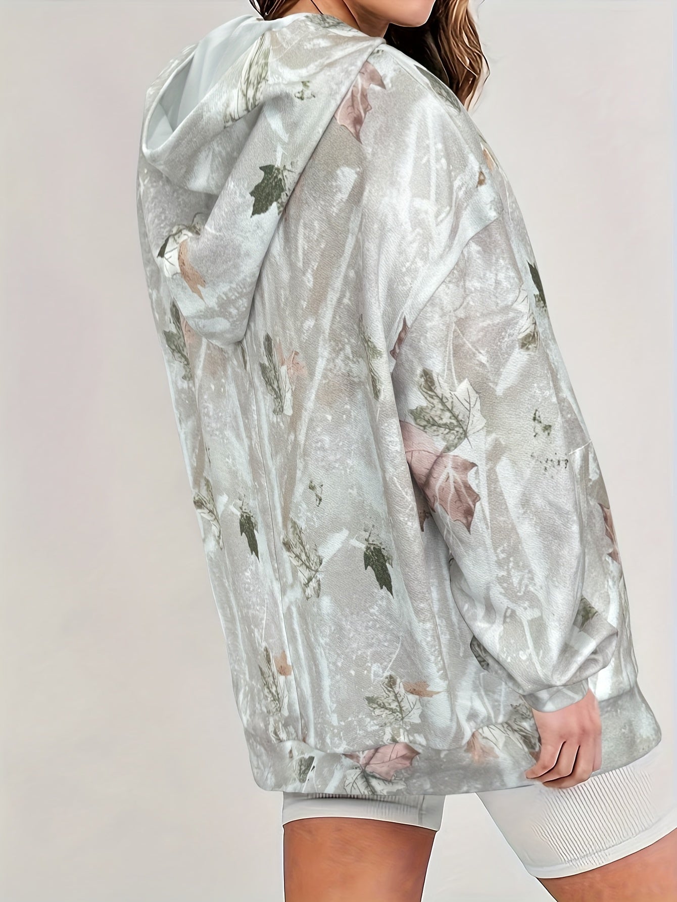 Plus Size Leaf Print Hoodie for Women | Light Grey Camo Colors