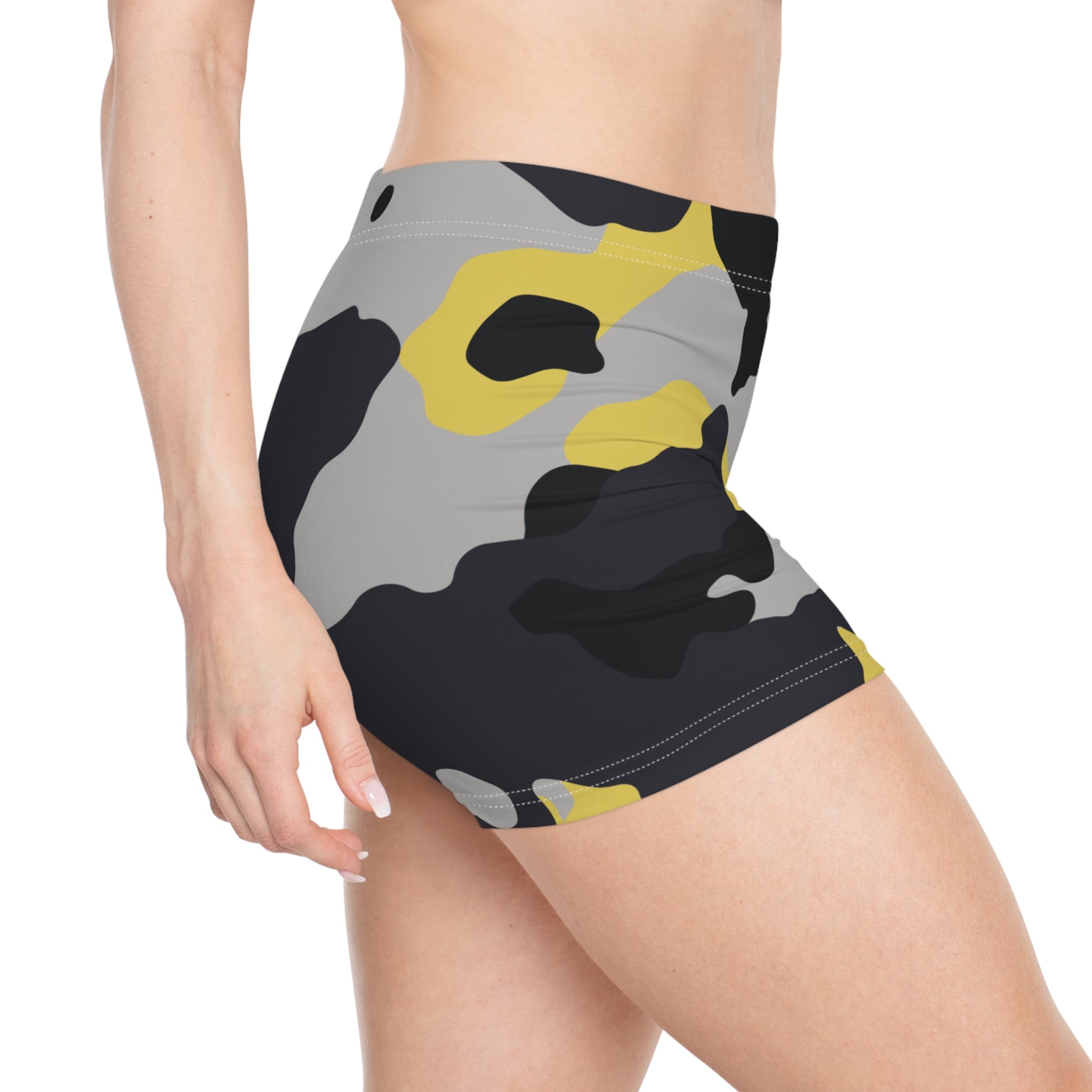 Women's Camo Shorts | Tight Fit | Yellow, Black, and Silver design Camo Colors