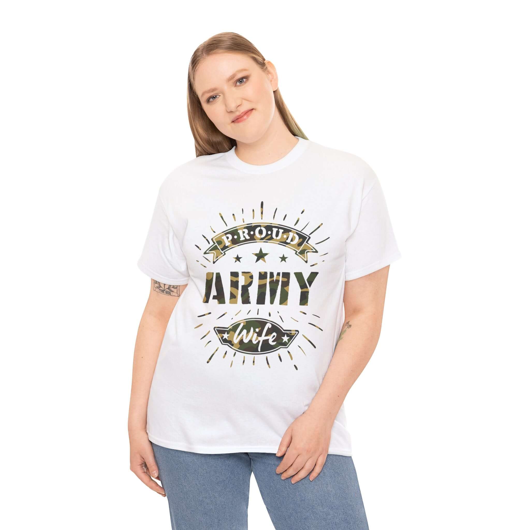 Proud Army Wife White T-Shirt | 2025 Heavy Cotton Tee Camo Colors