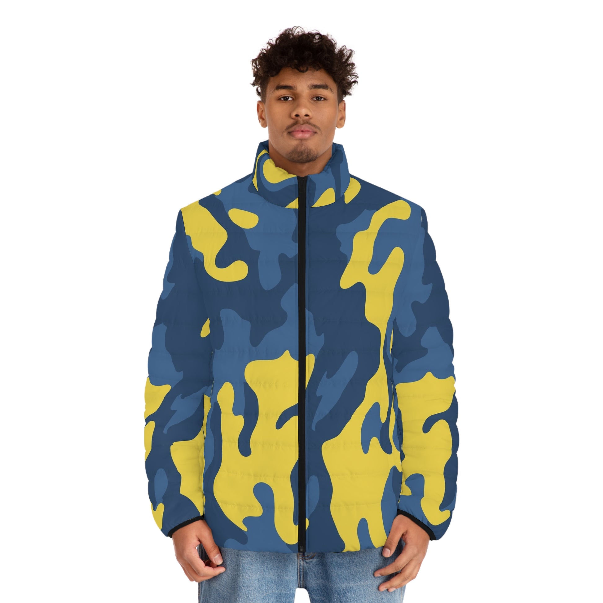Camo Puffer Jacket For Men | Blue and Yellow Camo Colors
