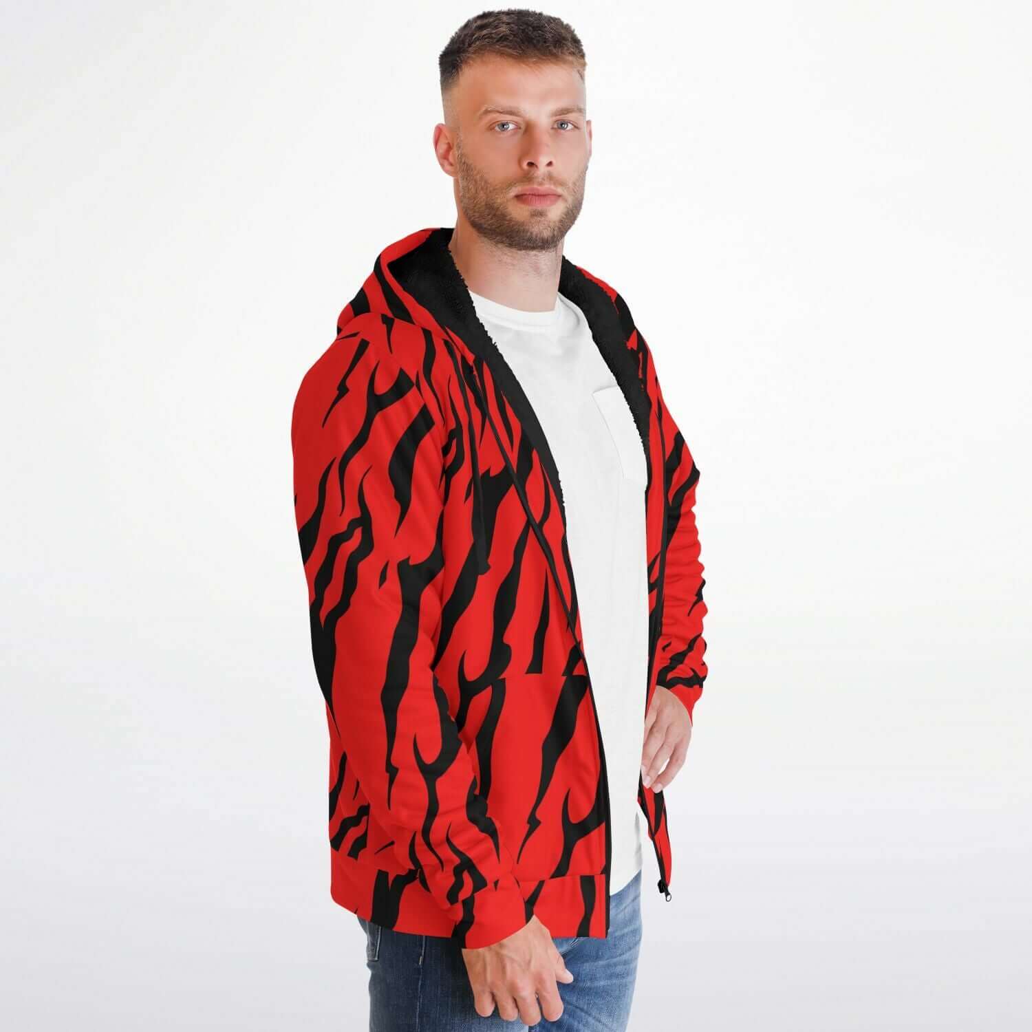 Microfleece Zip Hoodie in Red and Black Tiger Print Camo Colors