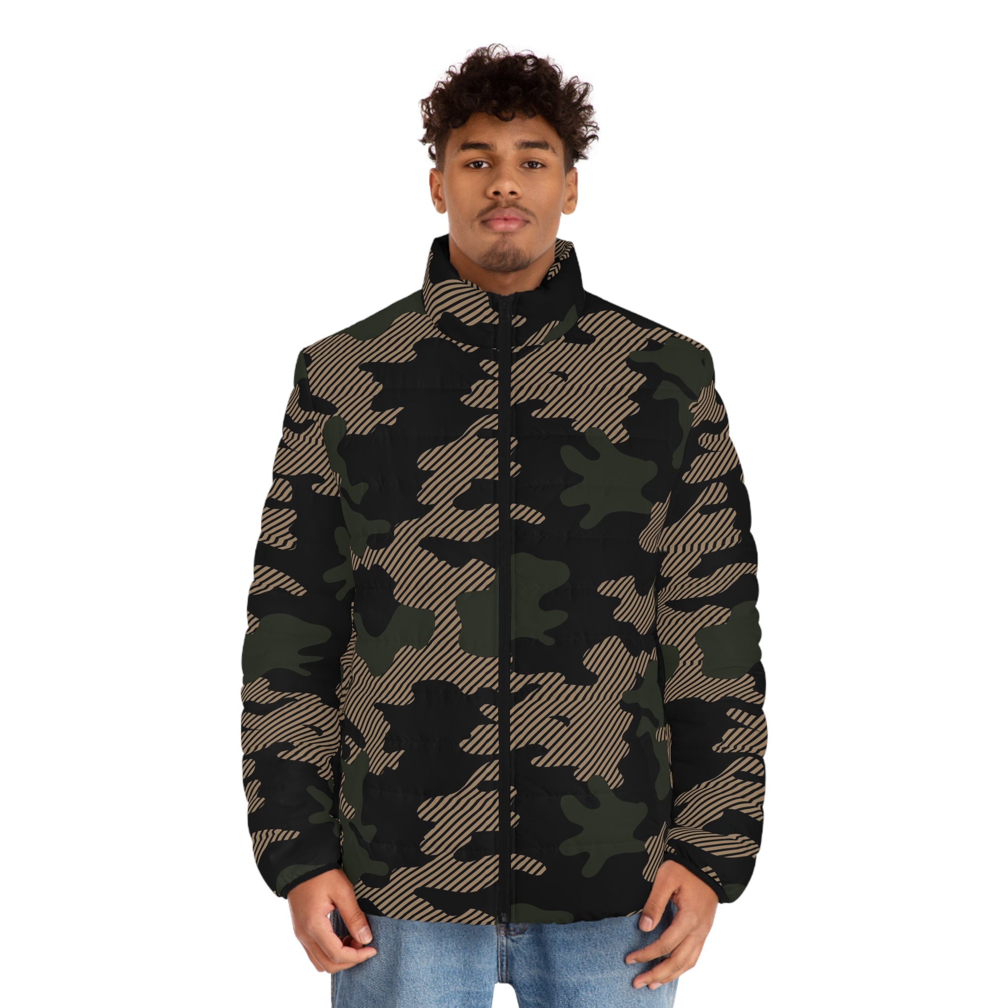 Camo Puffer Jacket For Men | Dark Jungle Green & Black Camo Colors