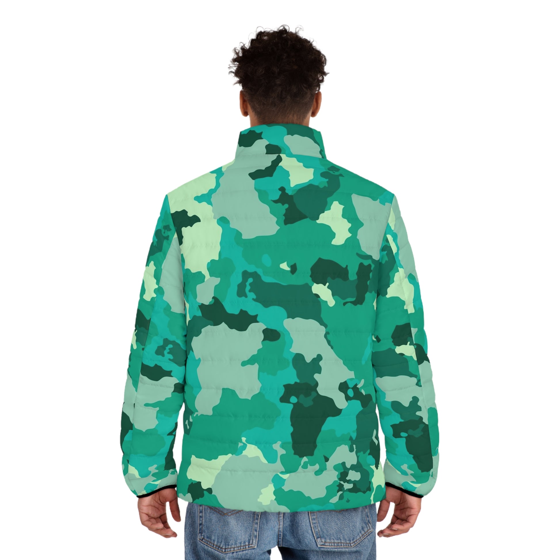 Cyan Green Camo Puffer Jacket For Men | Military Camouflage Camo Colors