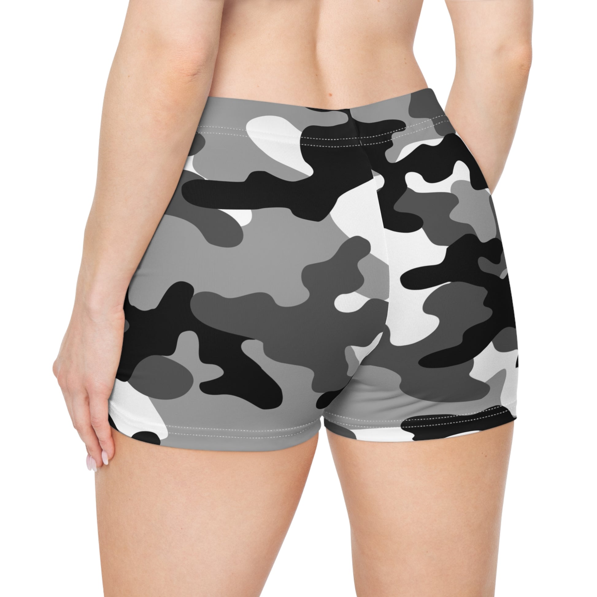 Women's Camo Shorts | Tight Fit | Gray, Black, and White Camo Colors