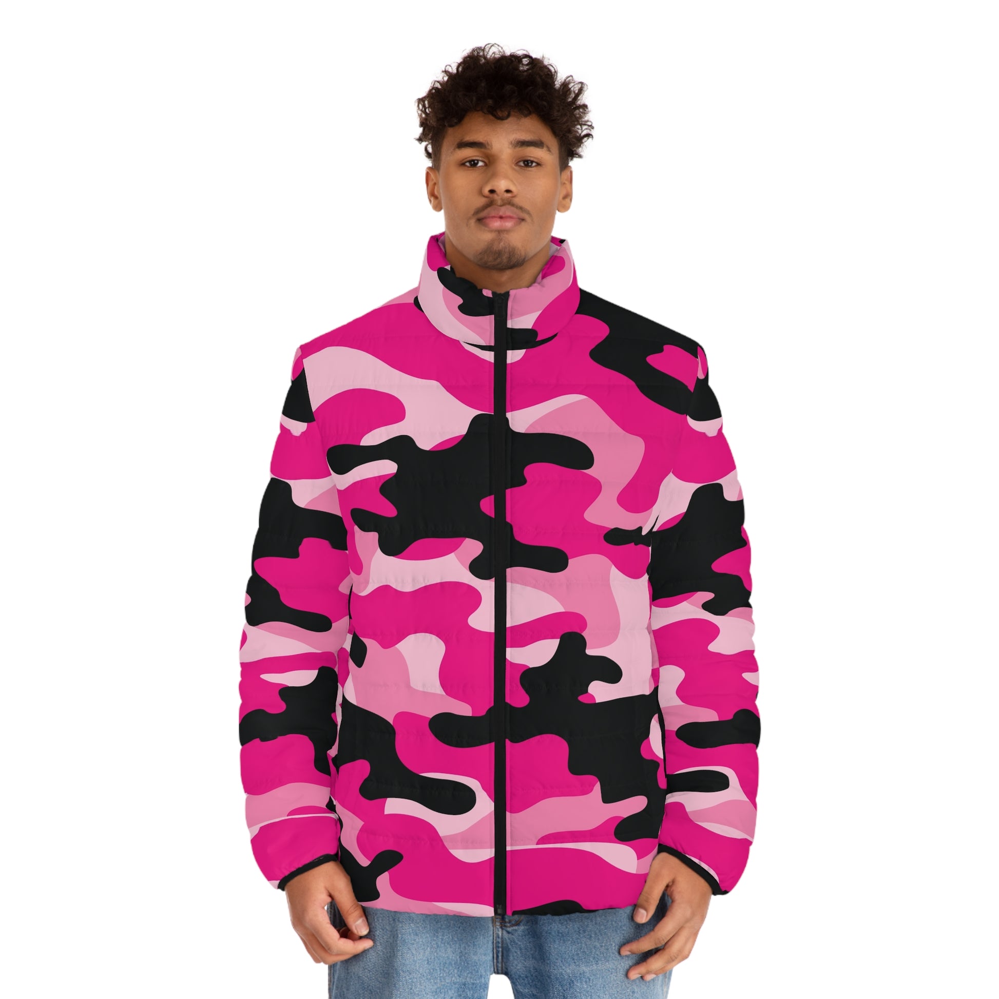 Camo Puffer Jacket For Men | Pink Candy, Black, & Cerise Camo Colors