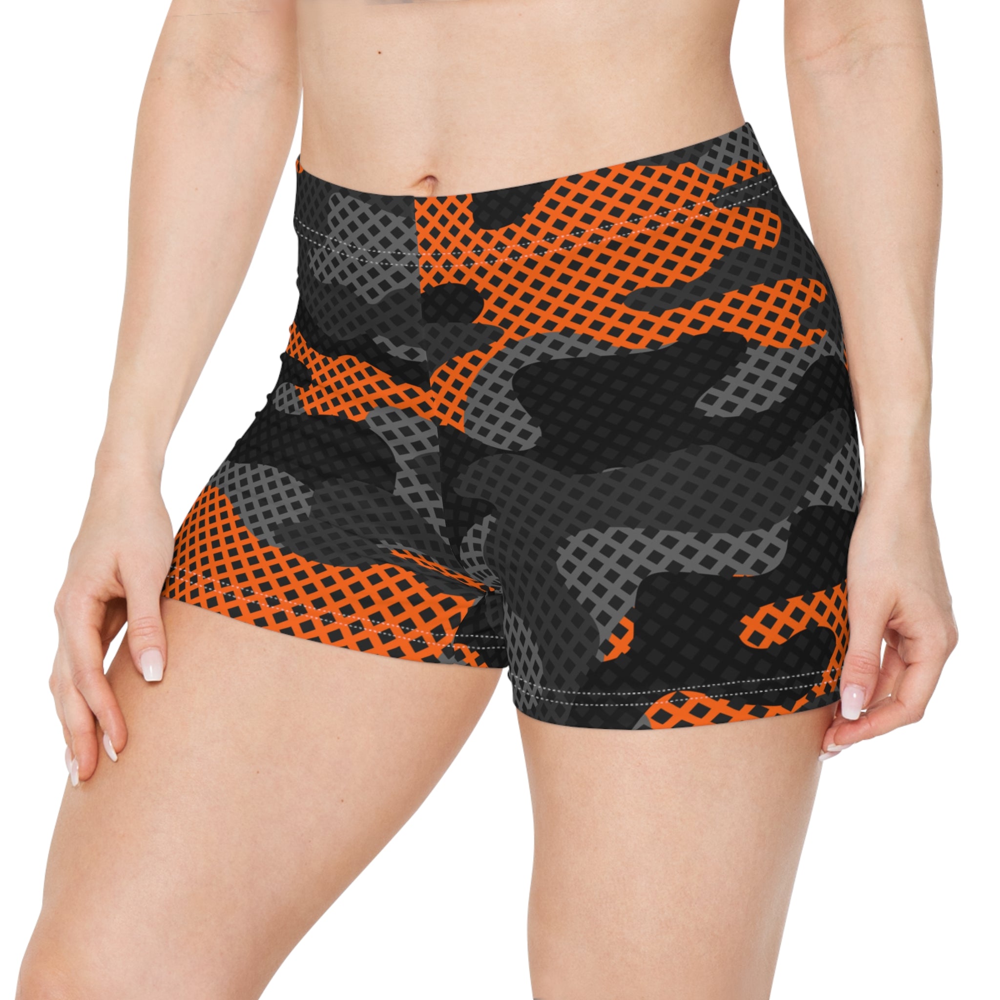 Women's Camo Shorts | Tight Fit | Black and Orange Pixel Camo Colors