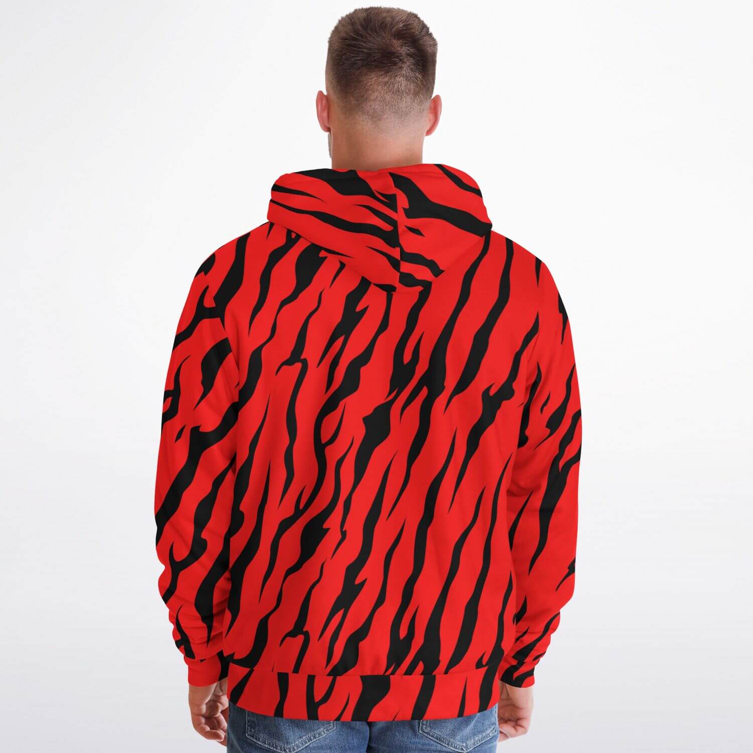 Microfleece Zip Hoodie in Red and Black Tiger Print Camo Colors