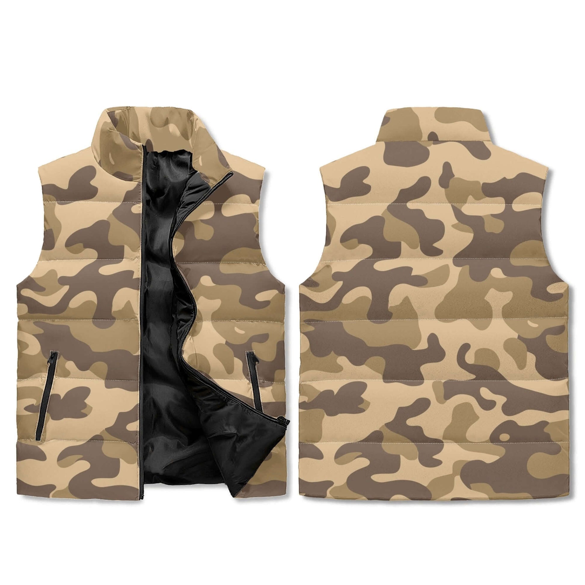 Camo Vest | Khaki Camouflage | Stand Collar Puffer Style Camo Colors