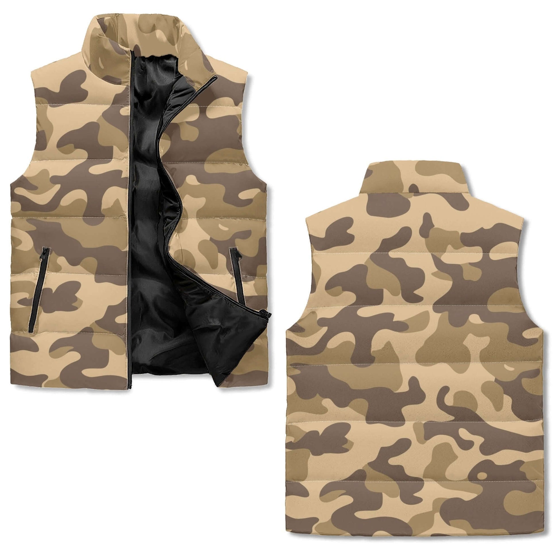 Camo Vest | Khaki Camouflage | Stand Collar Puffer Style Camo Colors