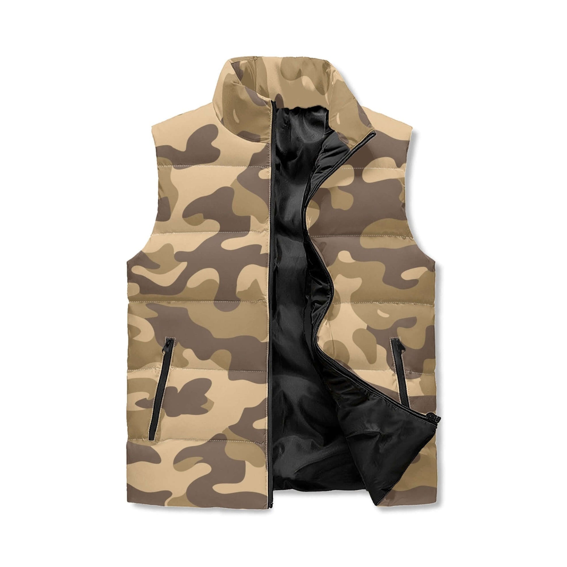 Camo Vest | Khaki Camouflage | Stand Collar Puffer Style Camo Colors