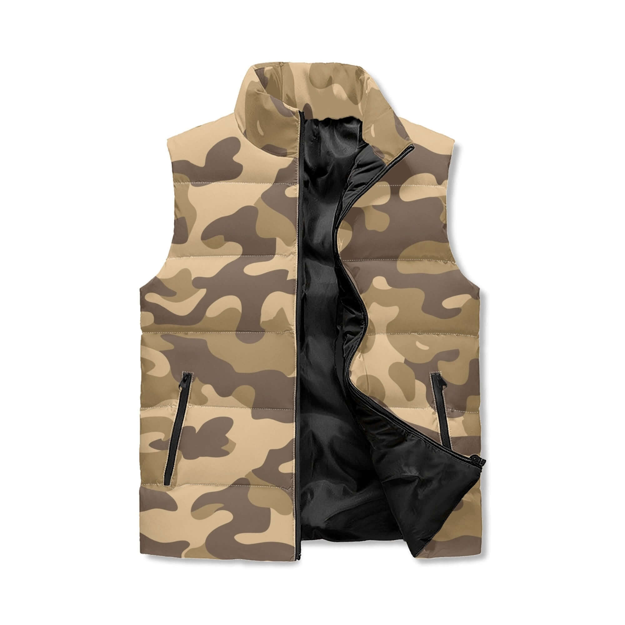 Camo Vest | Khaki Camouflage | Stand Collar Puffer Style Camo Colors