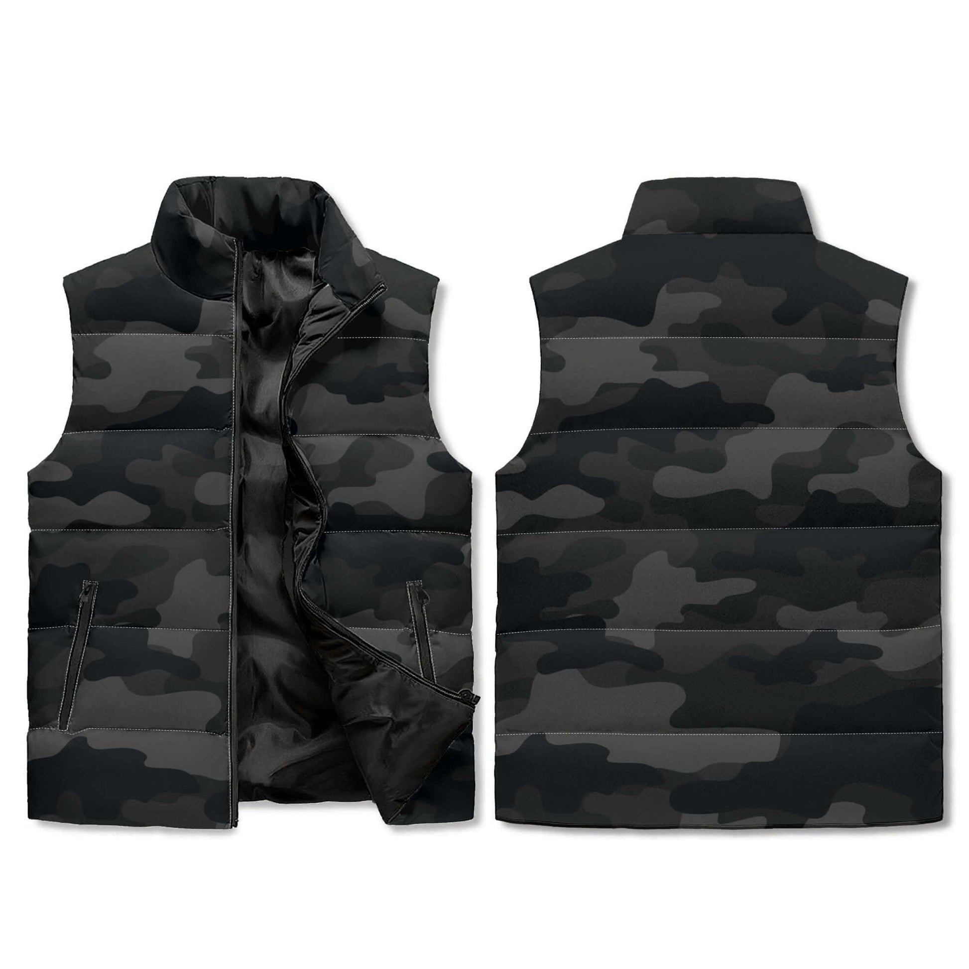Black Camo Vest | Stand Collar Puffer Style Camo Colors
