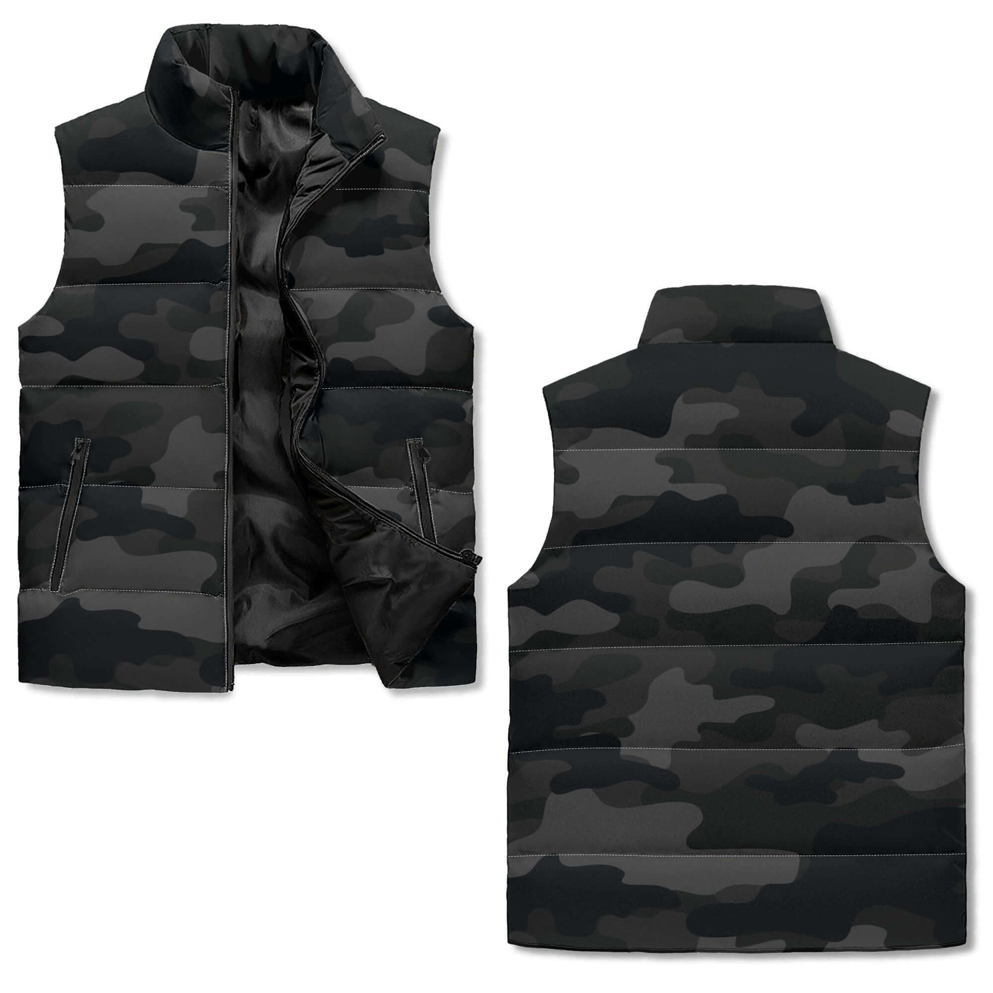 Black Camo Vest | Stand Collar Puffer Style Camo Colors