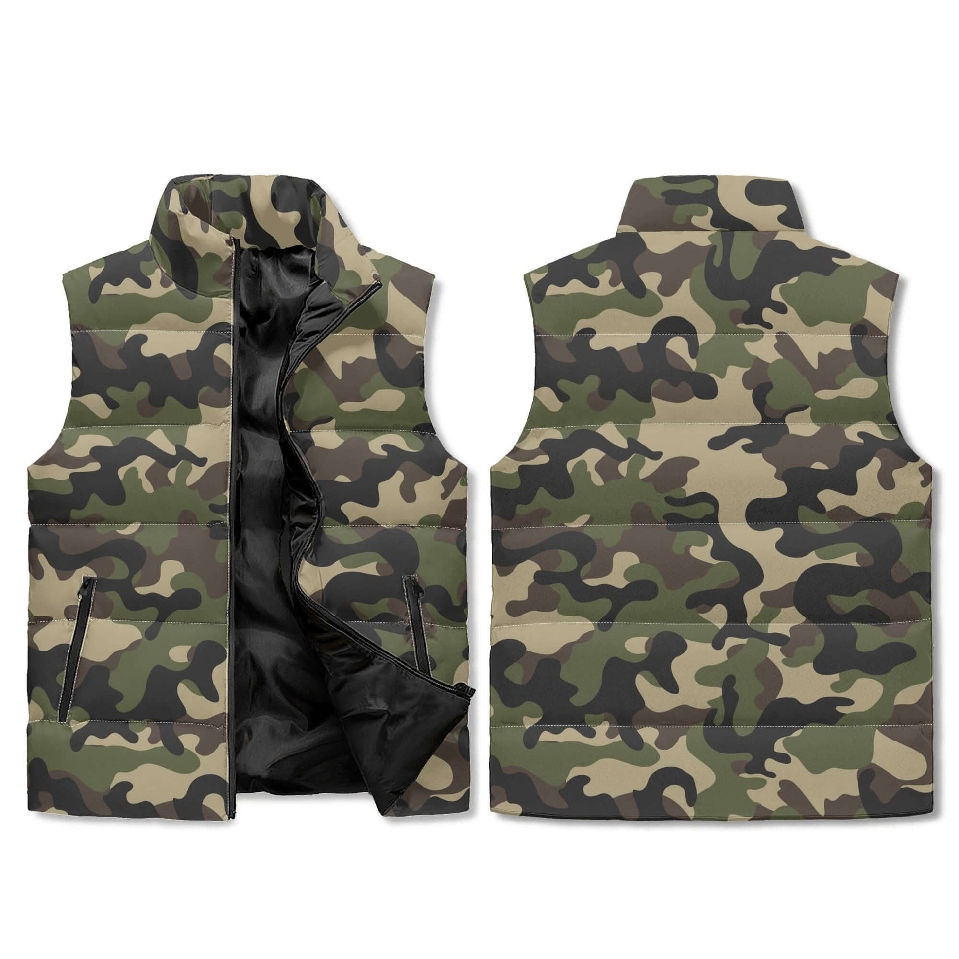 Camo Vest in Military Brown Camouflage Print | Stand Collar Puffer Style Camo Colors