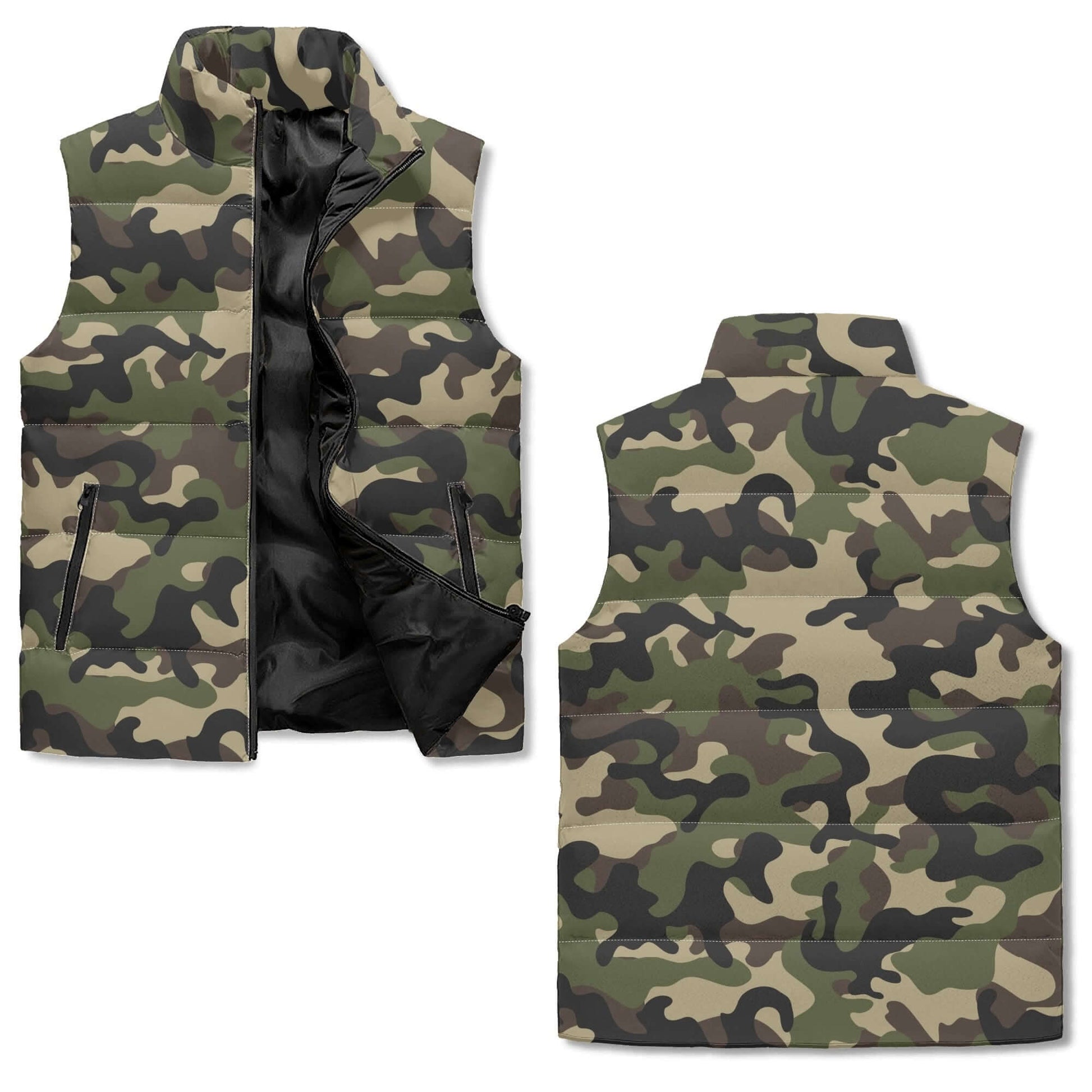 Camo Vest in Military Brown Camouflage Print | Stand Collar Puffer Style Camo Colors