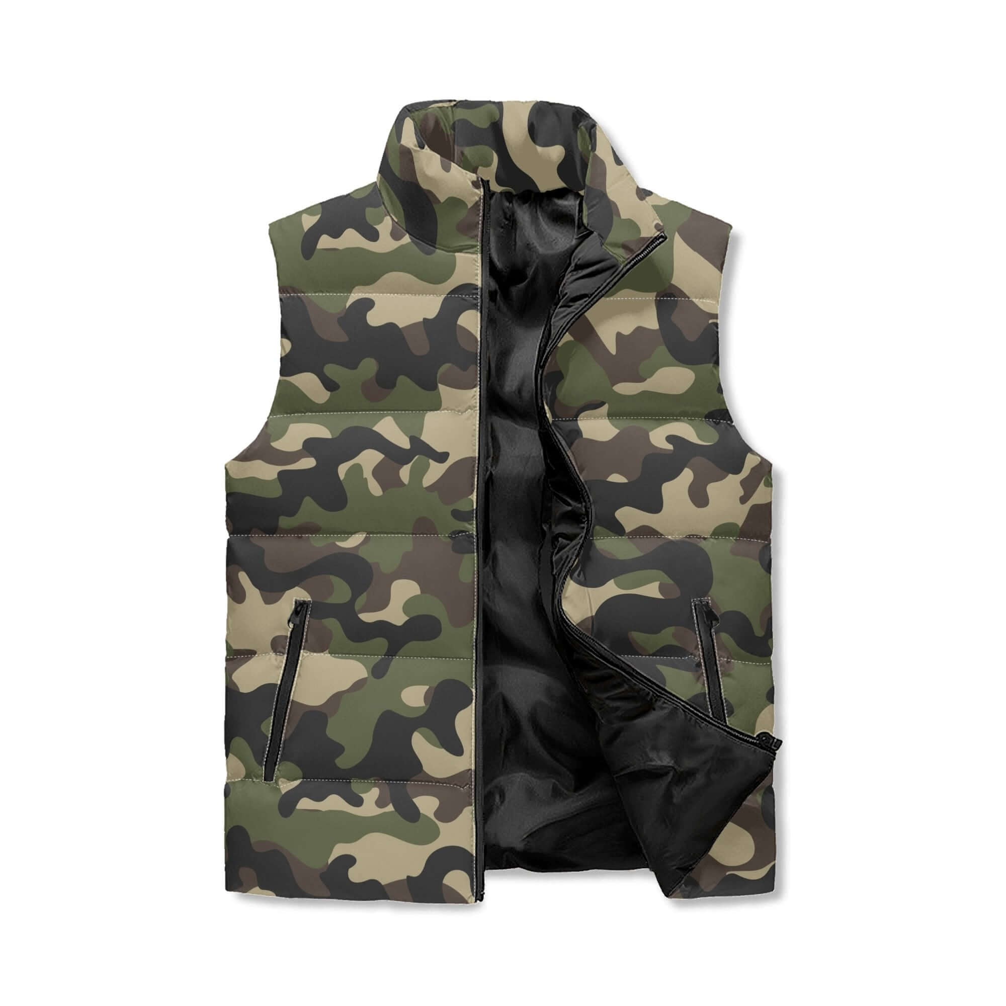 Camo Vest in Military Brown Camouflage Print | Stand Collar Puffer Style Camo Colors