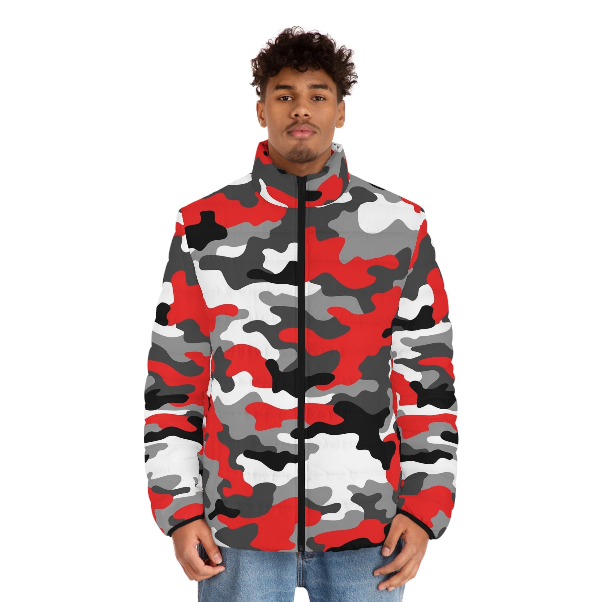 Camo Puffer Jacket For Men | Mixed Red, Gray, Black & White Camo Colors