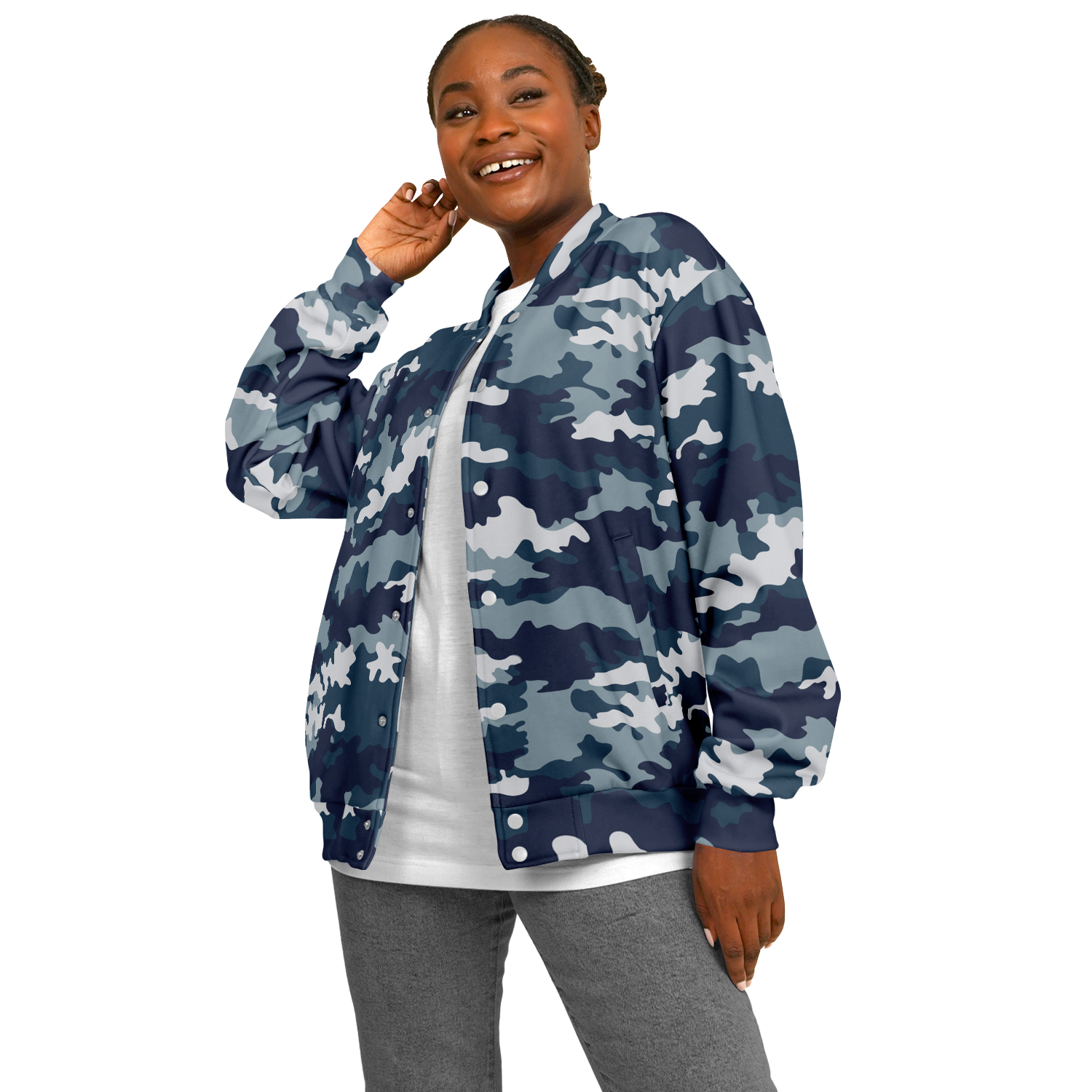 Navy Blue Camo Baseball Jacket | Unisex Camo Colors