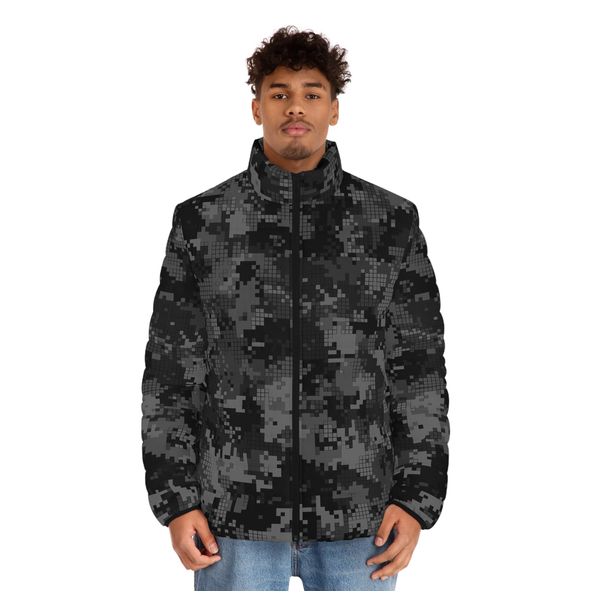 Gray Camo Puffer Jacket For Men | Digital Monochrome Camo Colors