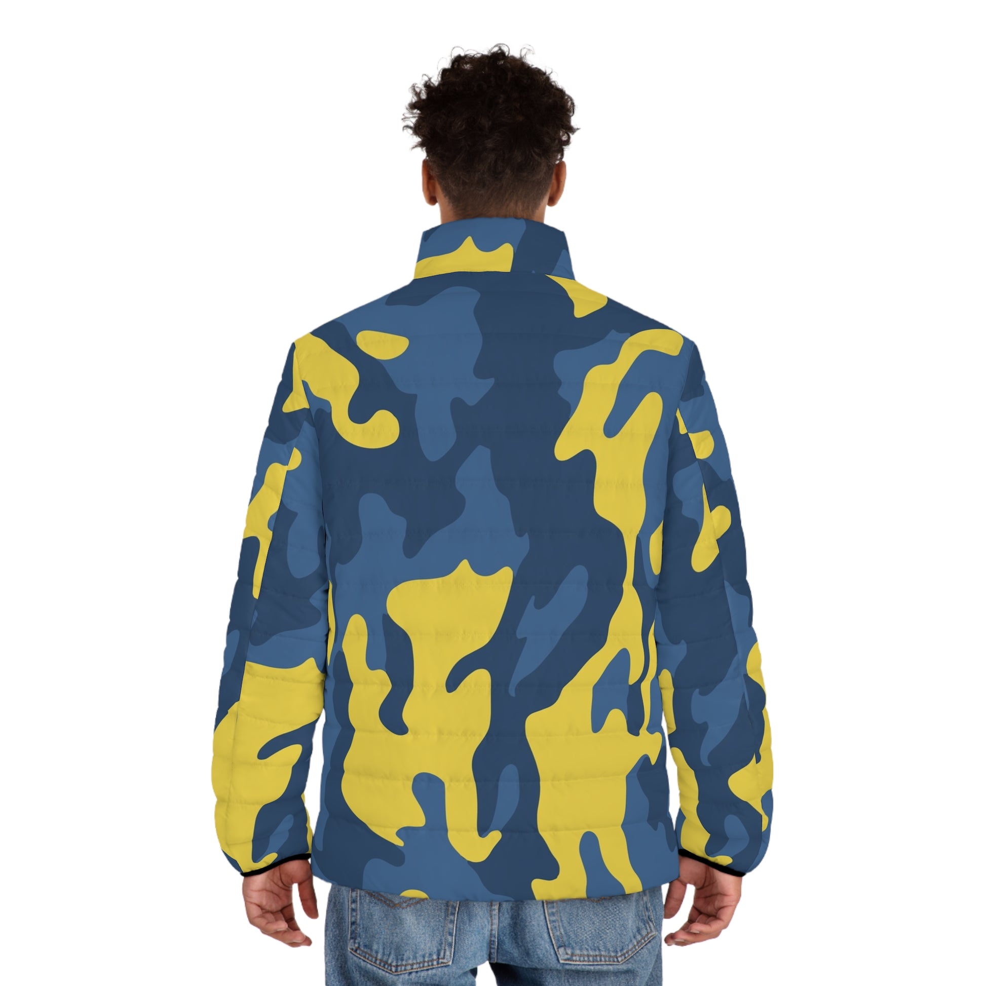 Camo Puffer Jacket For Men | Blue and Yellow Camo Colors